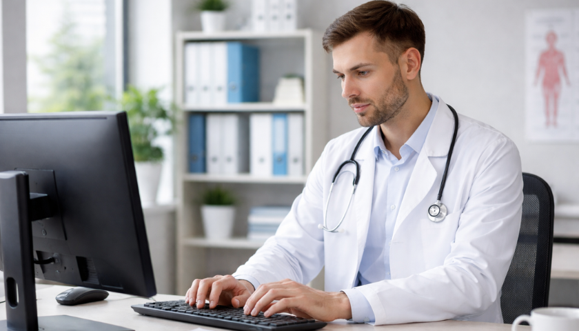 Lékař při práci u počítače