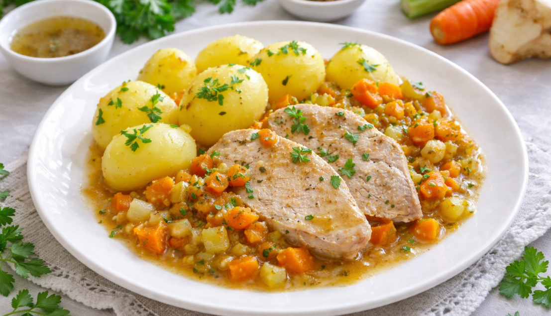 Dušený krůtí plátek na kořenové zelenině