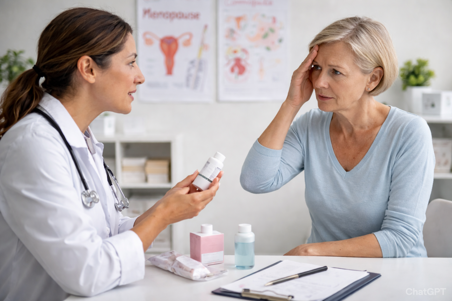Žena v nemopauze v rozhovoru s lékařkou