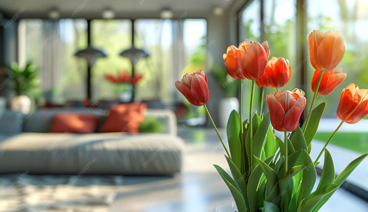 Tulipány jako dekorace v obývacím pokoji