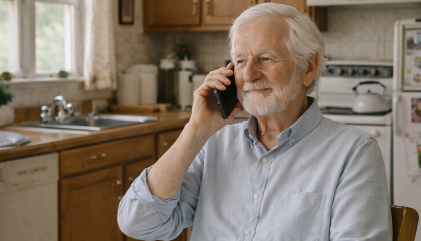 Senior se věnuje příjemnému telefonnímu rozhovoru.