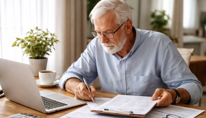 Senior zpracovává daňové přiznání