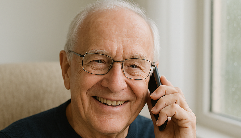 Senior, který si užívá příjemný telefonní hovor.
