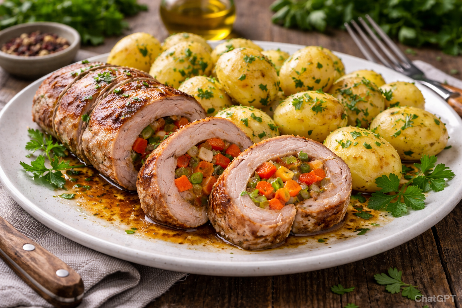 Vepřová panenka plněná zeleninou s petrželovými bramborami