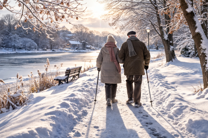 Senioři při zimní procházce