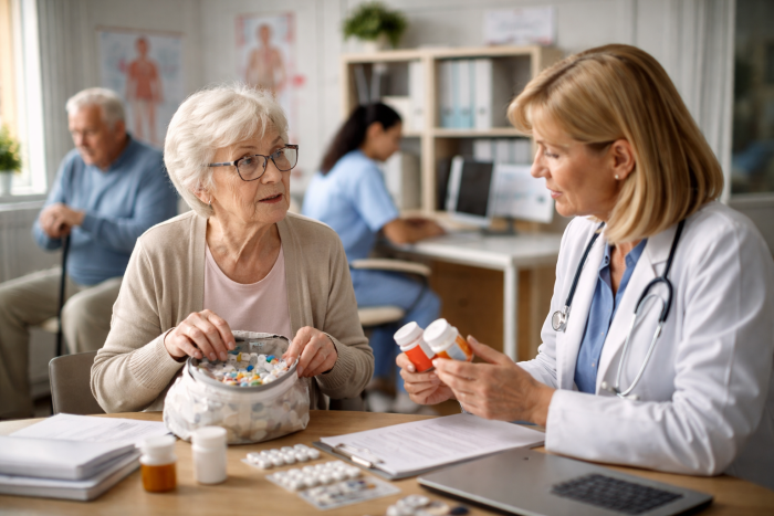 Seniorka konzultuje užívání léků s lékařkou.