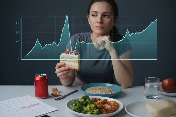 Dáma zvažuje možnosti stravování s ohledem na cukr v krvi.