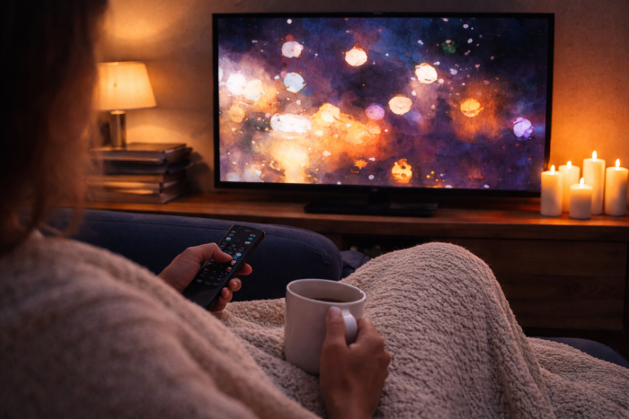 Dáma se chystá sledovat v teple domova film.